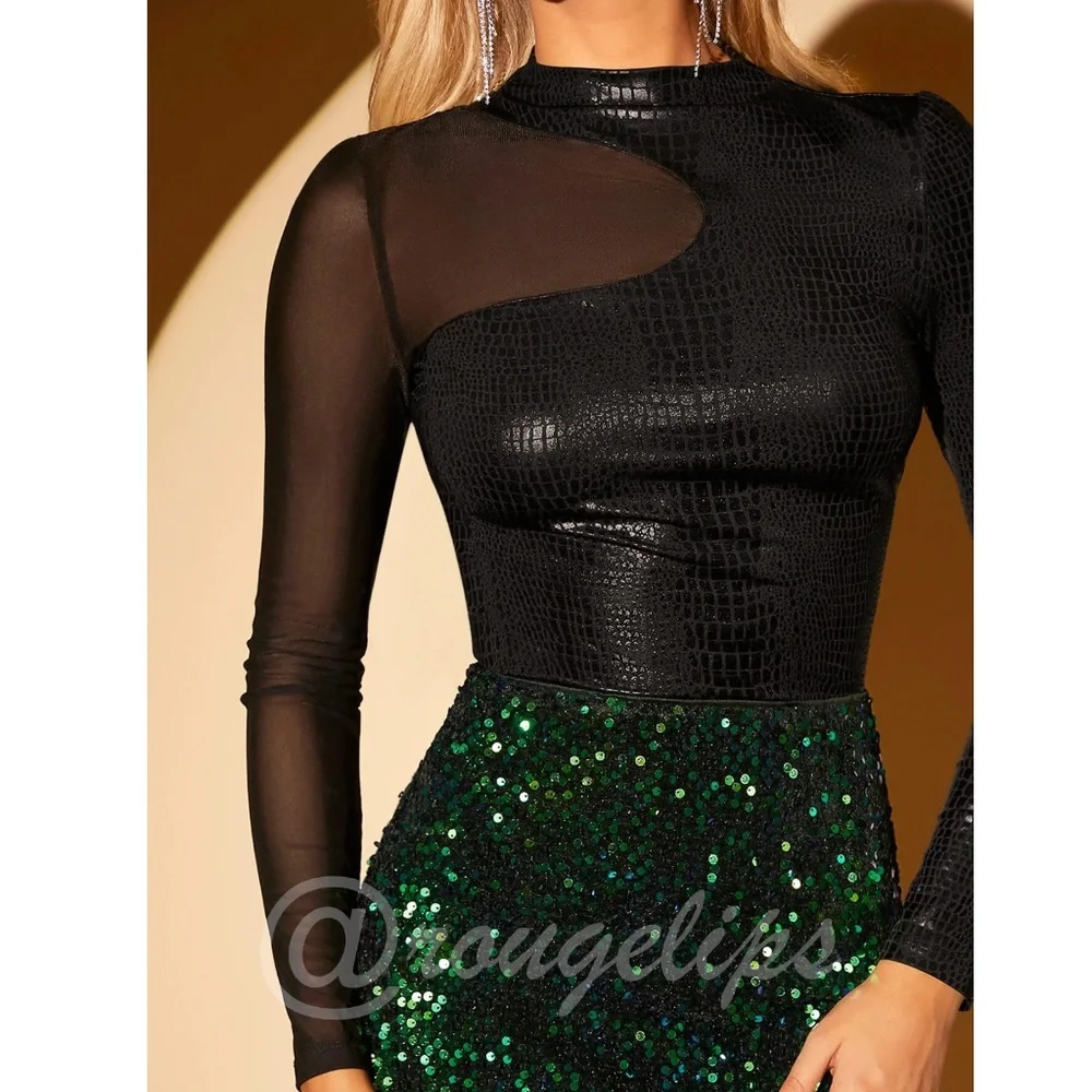 Black Reptile Pattern Textured Mesh Insert Asymmetrical Long Sleeve Tee Shirt - Picture 3 of 8